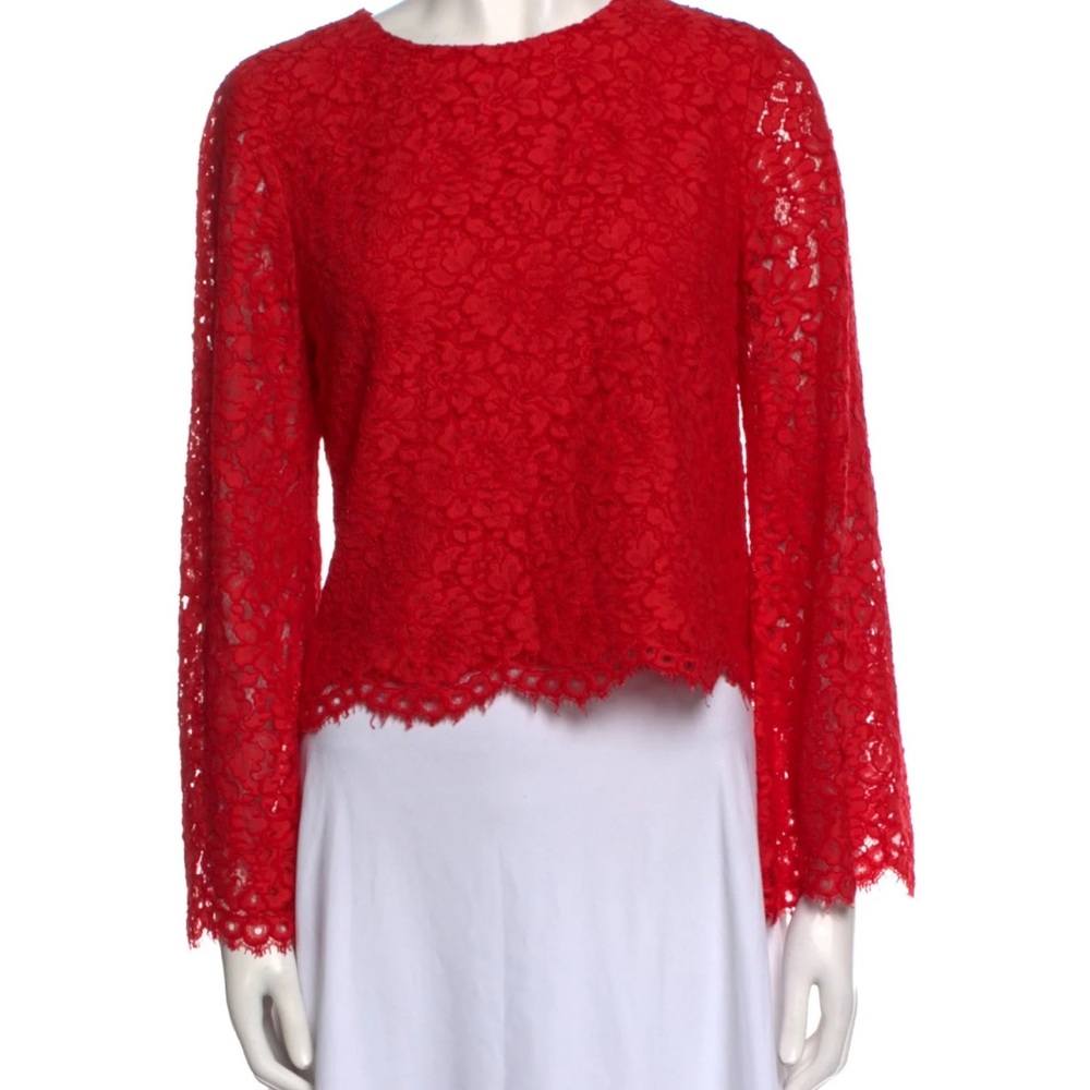 Alice + Olivia Pasha Lace Top Poppy Red Large Zip Back Flare Sleeve